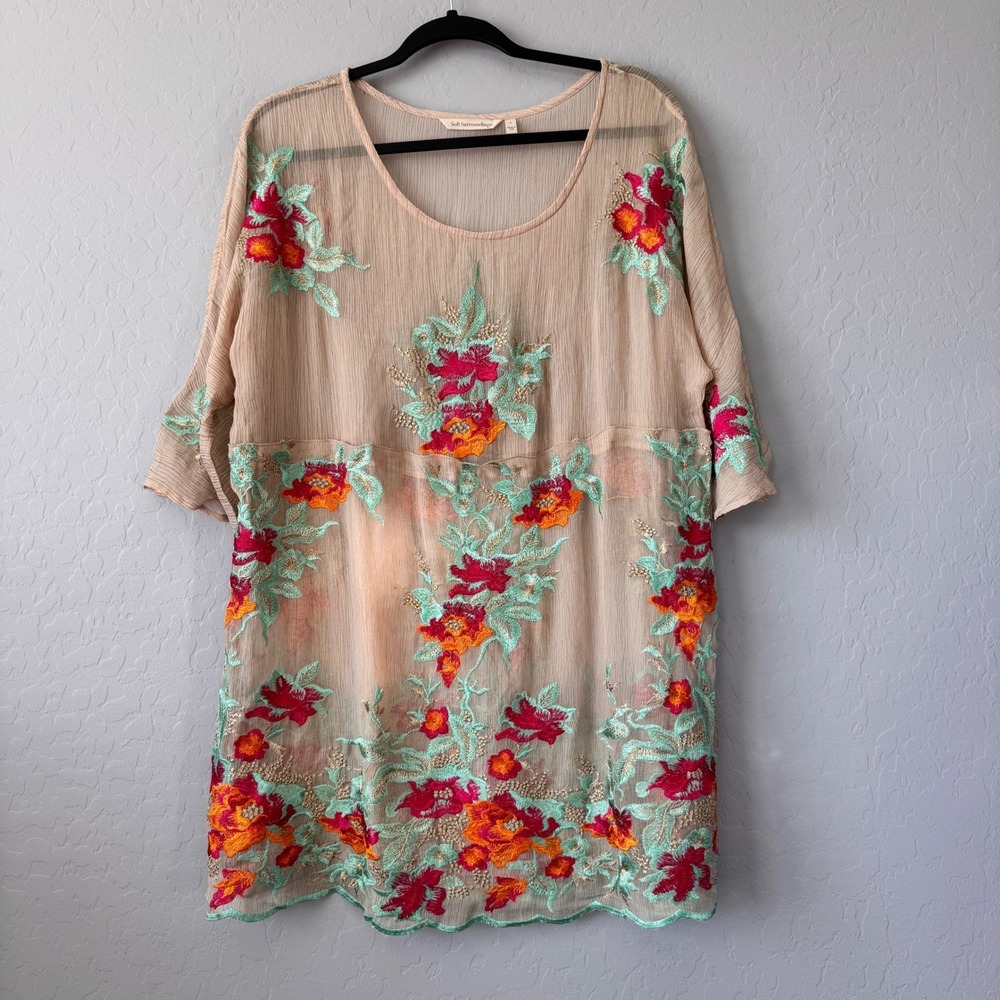 Soft Surroundings Large Sheer Floral Embroidered Tunic Top Beige Bohemian